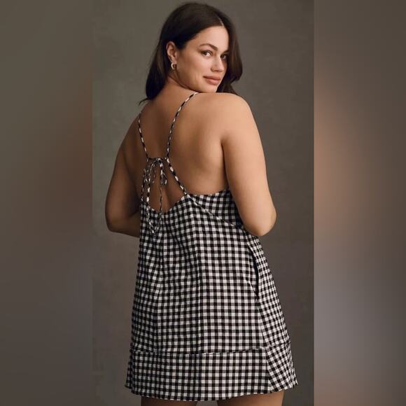 By Anthropologie Black and White Gingham Apron-Style Mini Dress Size Large - Picture 4 of 10